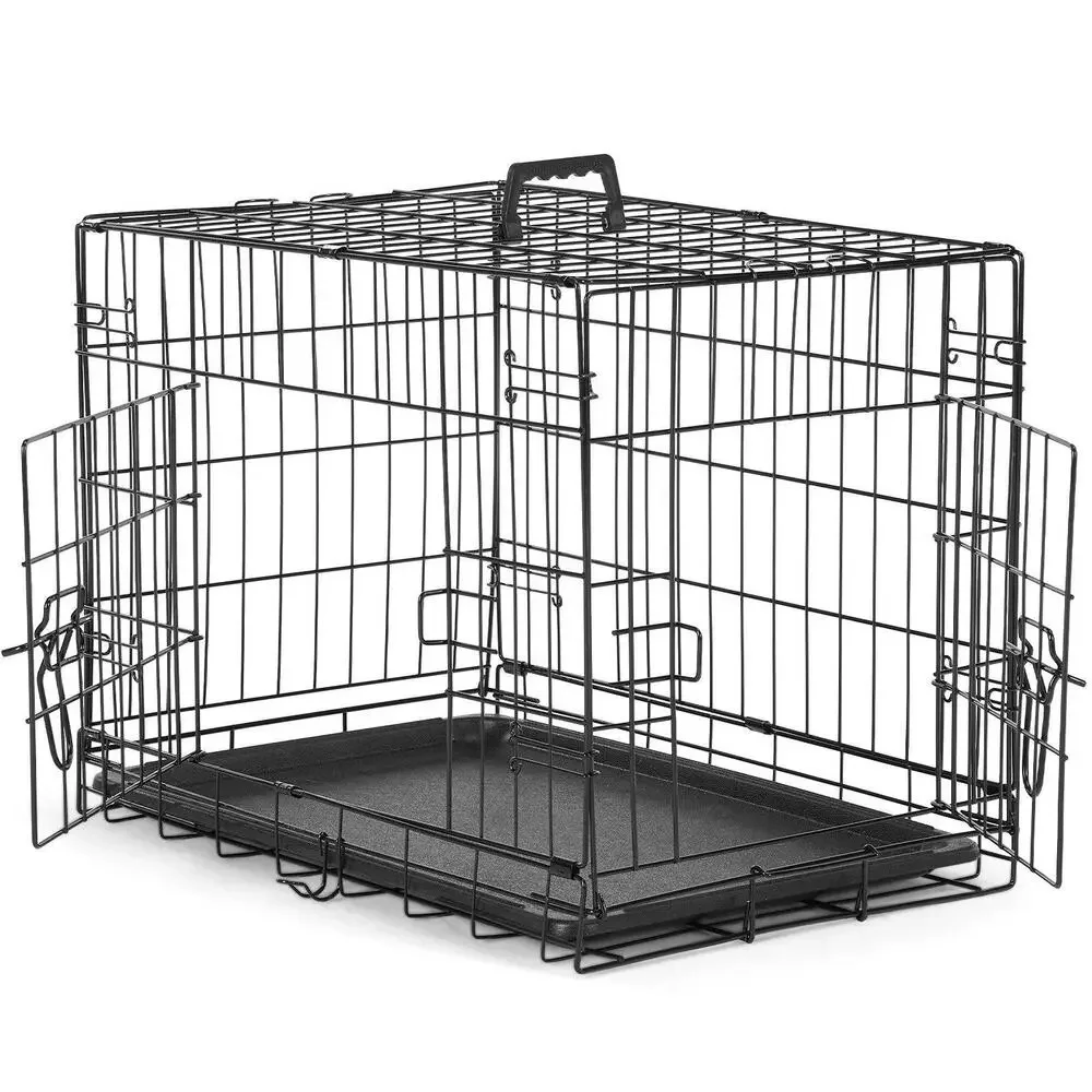Double Door Folding Metal Wire Dog Cage with Plastic Leak-Proof Pan Tray